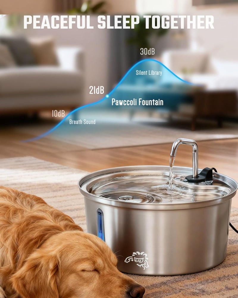 Pawccoli Dog Water Fountain Stainless Steel, 7L/1.8Gal Pet Fountain Water Bowl with Multi-Filtration & Deeper Drinking Aera, Large cat Water Fountain with Water Window & LED, Ultra-Quiet - Image 5
